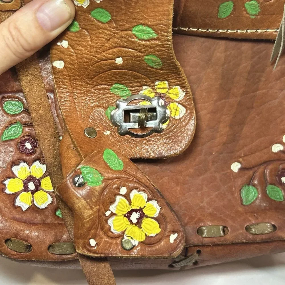 Hand Tooled Leather Saddle Purse Hand Painted Floral Western Shoulder Bag